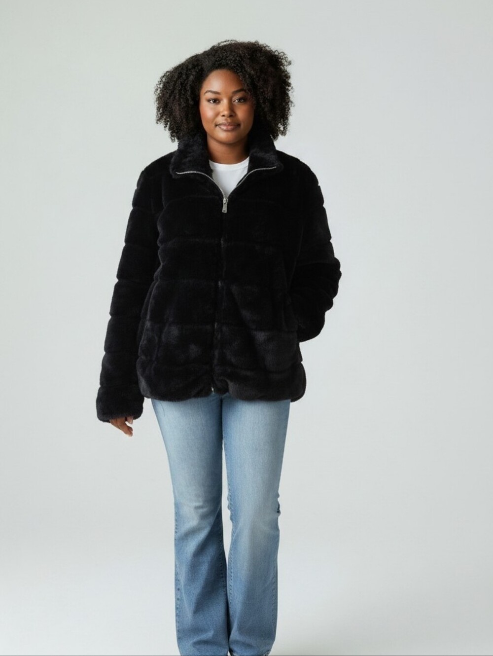 Nine West Women's Black Faux Fur Jacket XXL Full Zip Plush Teddy Coat